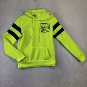 BUZZ Neon Yellow Comic‎ Graphic Hoodie Men's Size L Black Stripe Sleeves